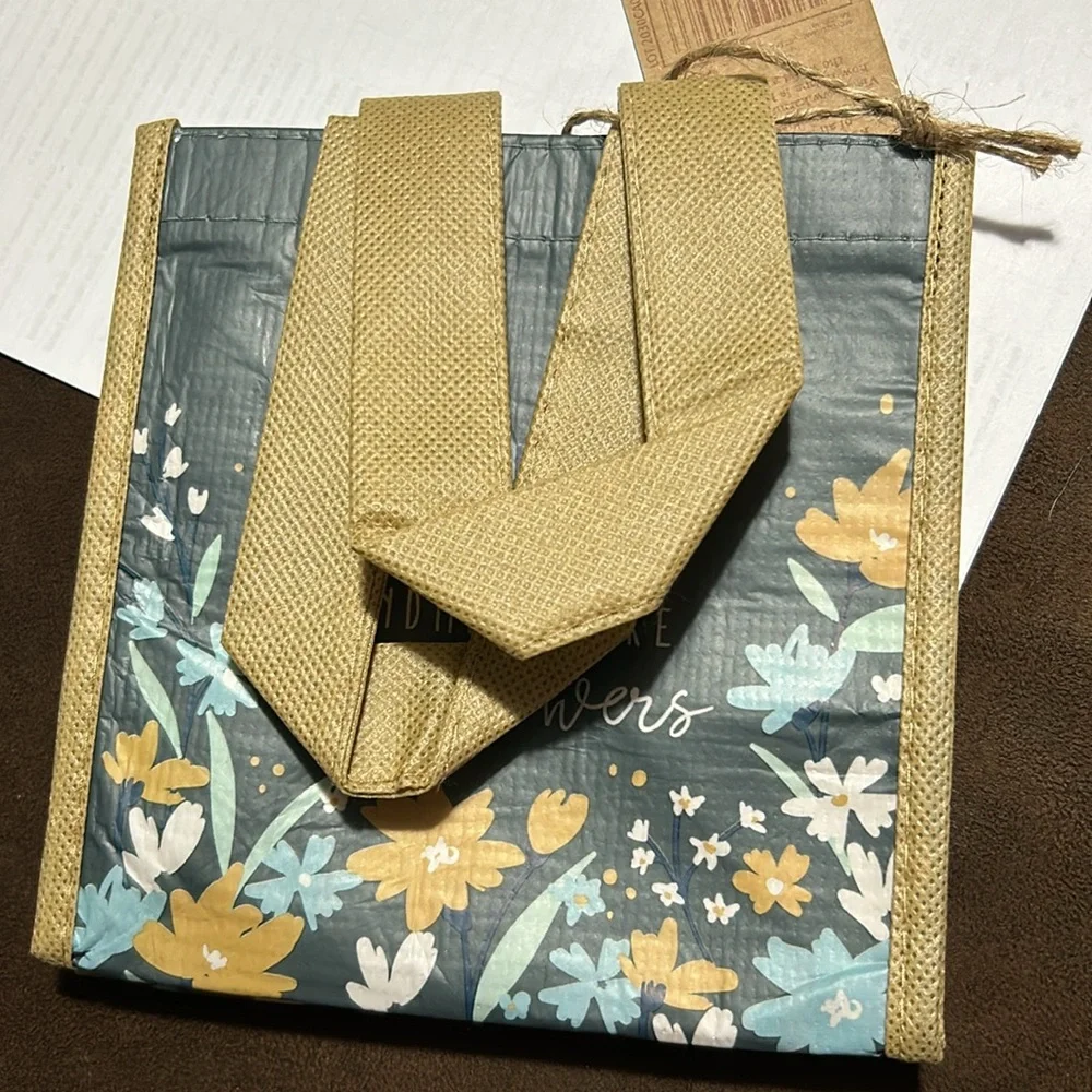 🩶5/$30 Karma Floral & Butterfly Blue & Yellow Small Reusable Gift Tote Bag NEW